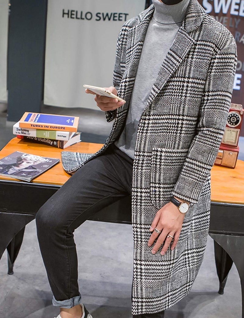 UANEO Mens Trench Coat Single Breasted Plaid Mid Long Peacoat Pea Coats (Gray, S) - Image 2